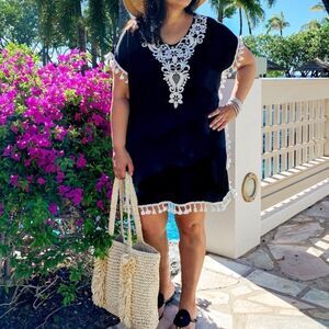 Women’s Black Tunic with White Lace Trim, Size S/M